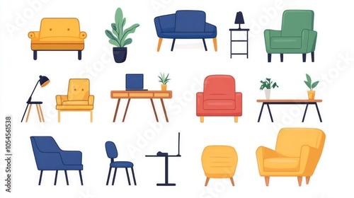 Colorful Illustration of Modern Furniture and Decor Elements