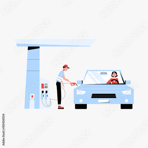 Gas station worker refueling a car with a customer inside in flat vector illustration symbolizing fuel service, vehicle refueling, and transportation, isolated on white background.