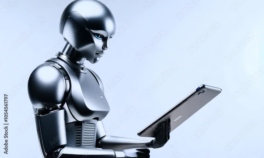 robot with headphones and tablet
