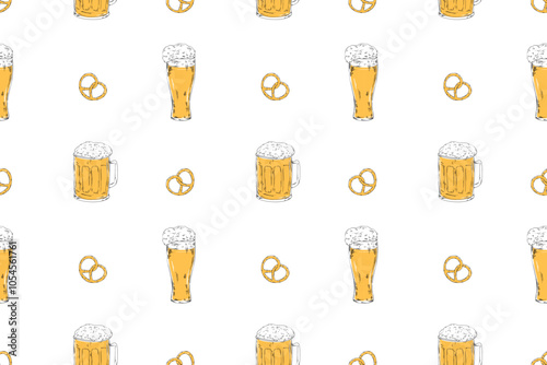 Beer glass, mug vector line illustration doodle food drink alcohol bar pub seamless pattern, bertzel, salted snack, textile design wrapping paper Octoberfest holidays weekend barbecue 