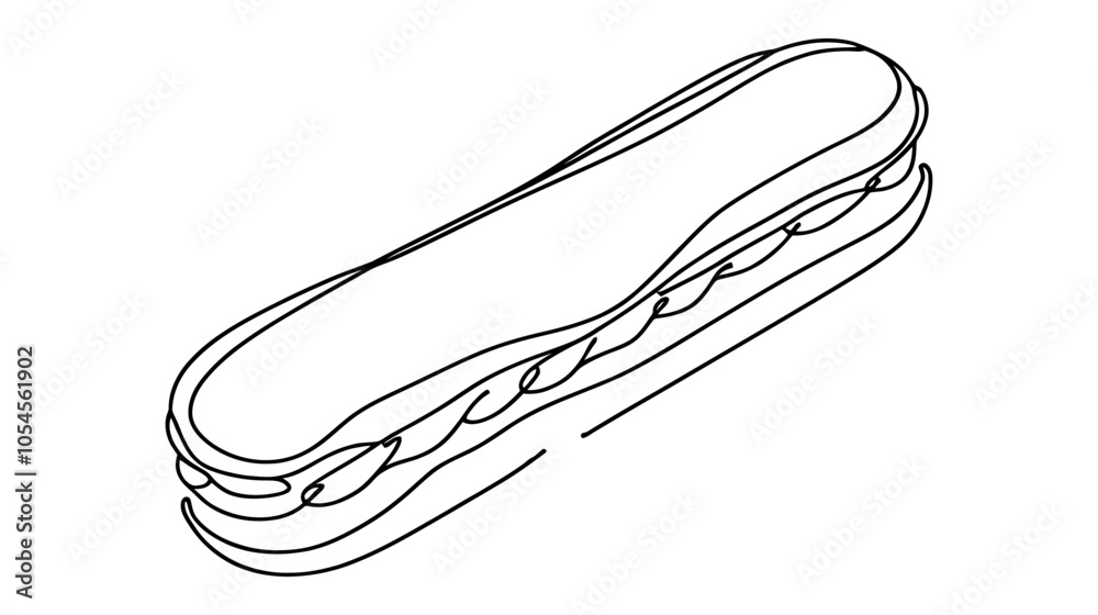 One continuous line illustration of an éclair, isolated on white background. One continuous line illustration of an éclair, isolated on white background.