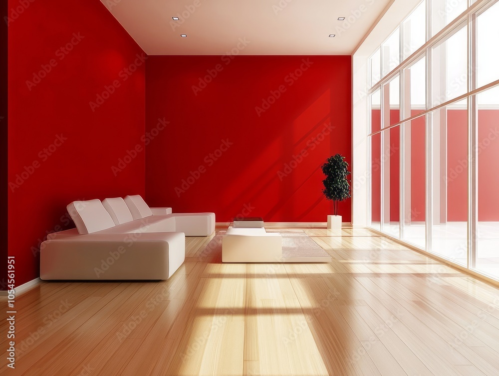 Red walls combined with simple white furniture and light wood floors create a bold yet clean modern space Red walls combined with simple white furniture and light wood floors create a bold yet clean modern space