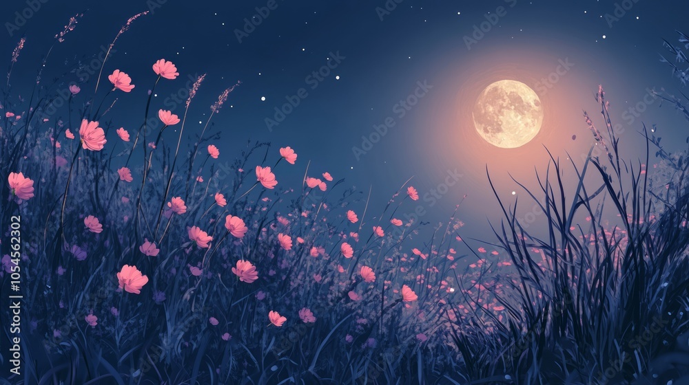 Serene Moonlit Night with Blossoming Flowers Serene Moonlit Night with Blossoming Flowers