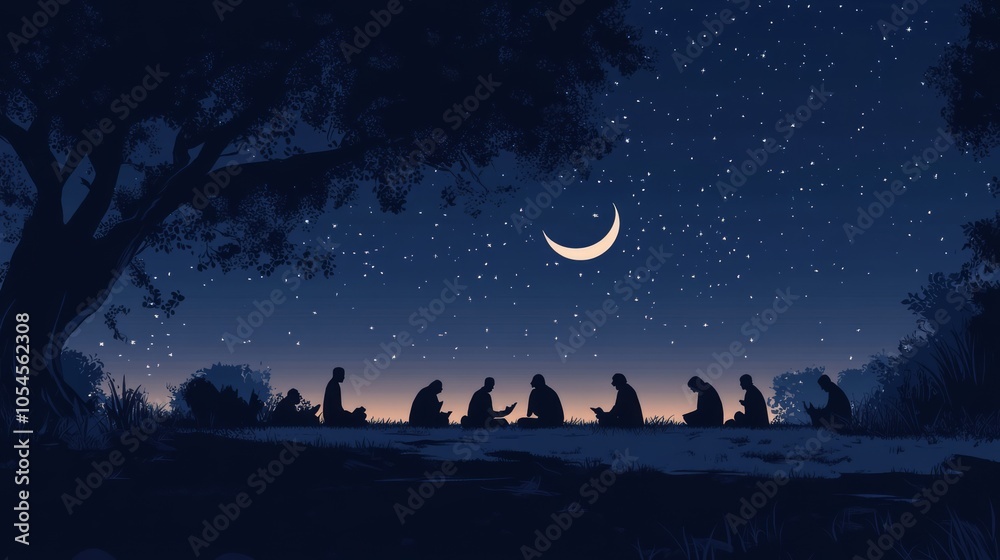 Fototapeta premium Silhouettes of People Under a Starry Night Sky with a Crescent Moon