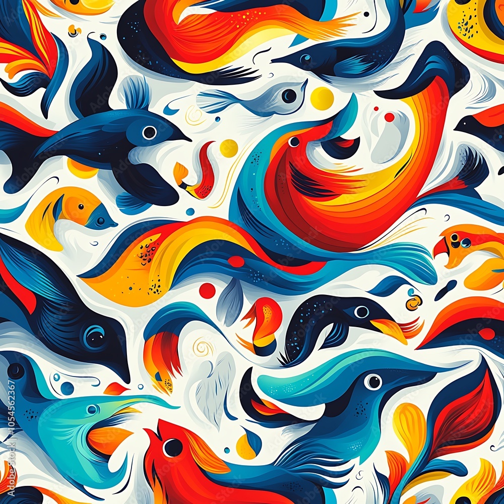 A colorful abstract pattern with fish, birds, and plants in vibrant hues of blue, orange, and red on a white background. A colorful abstract pattern with fish, birds, and plants in vibrant hues of blue, orange, and red on a white background.