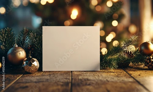 Christmas mockup of a blank holiday card on a wooden table, with ornaments, pine branches, and a warm festive glow