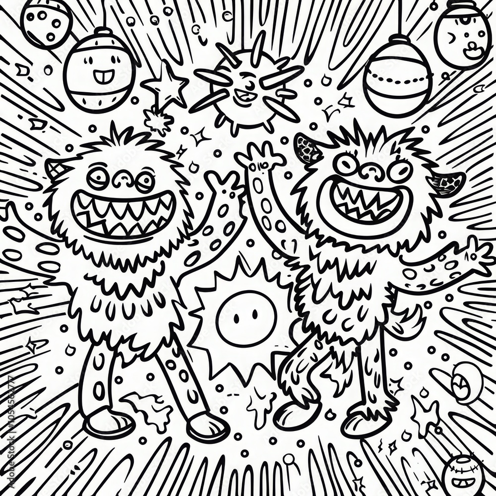 Fototapeta premium Two furry monsters celebrate with a high five in this fun, hand-drawn illustration.