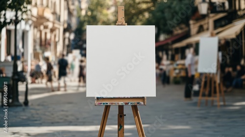 Blank Canvas in City Street: Parisian street scene with a blank canvas on an easel, ready for your artwork or design. Perfect for showcasing your creativity and artistic vision. photo