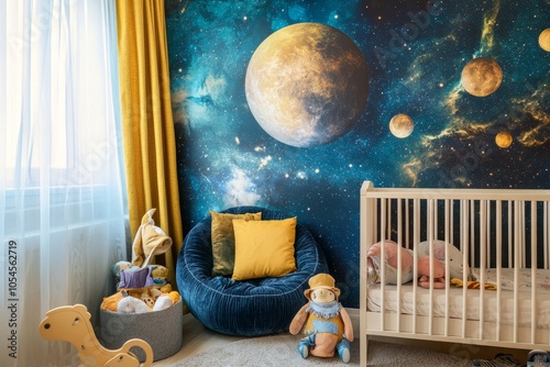 Creative space themed children s room with bright fantasy wallpaper and eco friendly design photo