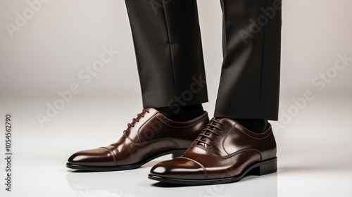 Closeup of a man's feet wearing brown leather oxford shoes with black pants on a white background.