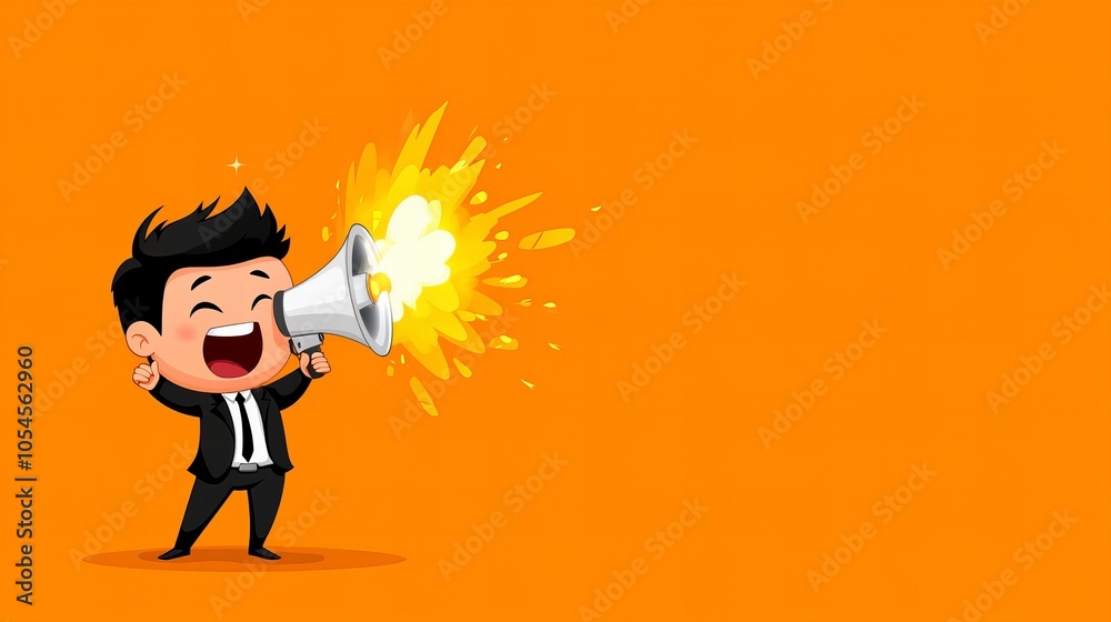 Obraz premium A cartoon businessman shouts into a megaphone, with a bright yellow explosion coming out.