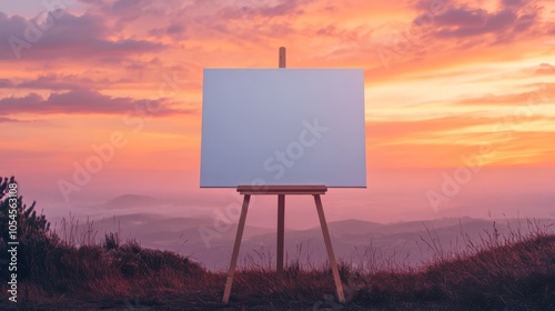 A vertical large blank canvas mockup on an easel positioned on a hilltop, with a breathtaking view of a sunset casting vibrant colors over the landscape photo