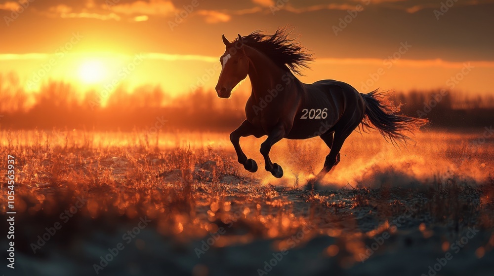 Horses running in a field at sunset with the sun setting, 2026 text Horses running in a field at sunset with the sun setting, 2026 text