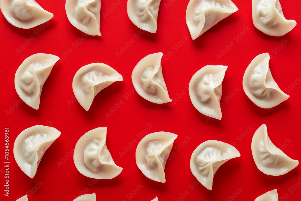 Overhead view of fresh Chinese dumplings on a red background Overhead view of fresh Chinese dumplings on a red background
