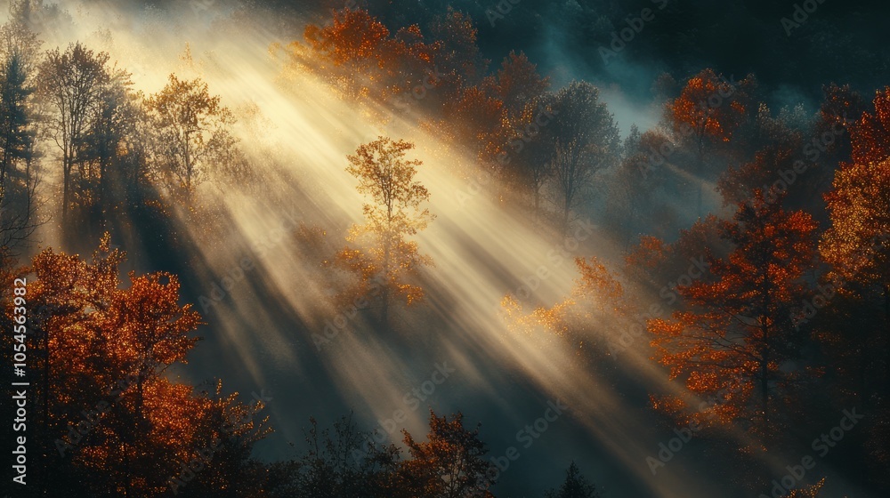 Enchanted Forest with Sunlight Beams in Autumn
