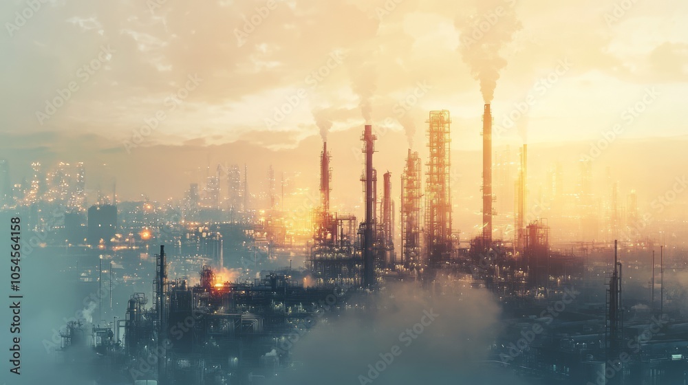 Ethereal Industrial Landscape at Dusk with Smoke Stacks