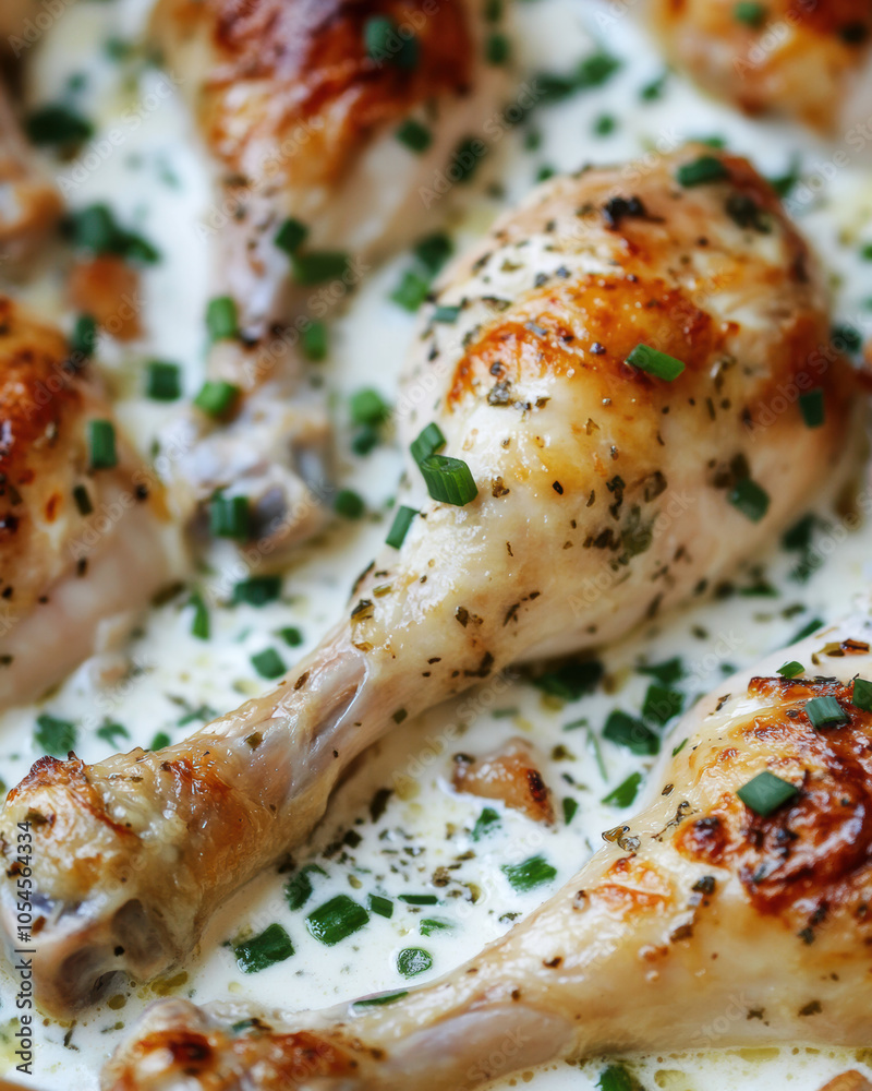 Golden-Brown Chicken Drumsticks in Creamy Sauce Garnished with Chives. Golden-Brown Chicken Drumsticks in Creamy Sauce Garnished with Chives.