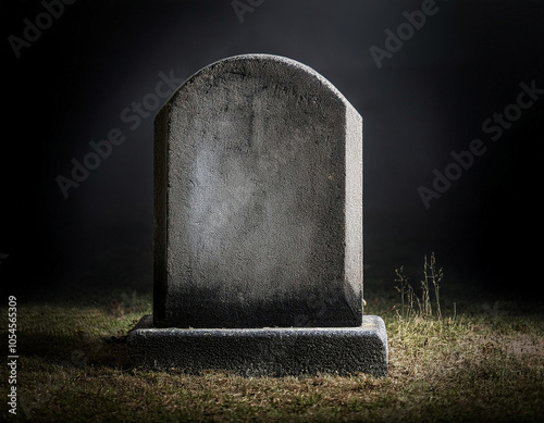 A blank gravestone with grass on dark background. copy space. Halloween concept.