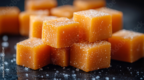 Stack of caramel cubes sprinkled with sea salt on a dark background