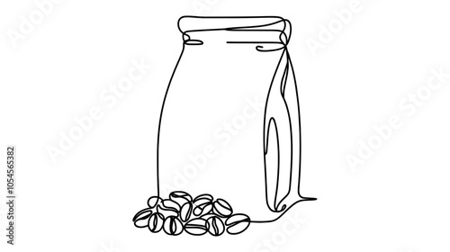 One continuous line illustration of a bag of coffee beans, isolated on white background.