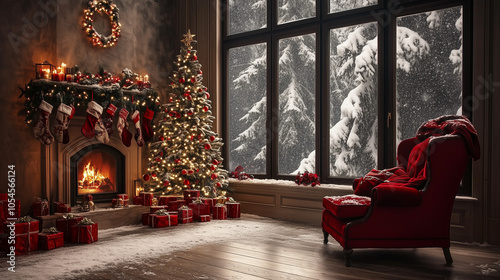 A cozy chair by the fireplace and with a beautifully decorated Christmas tree with gifts, a snowy landscape outside the window