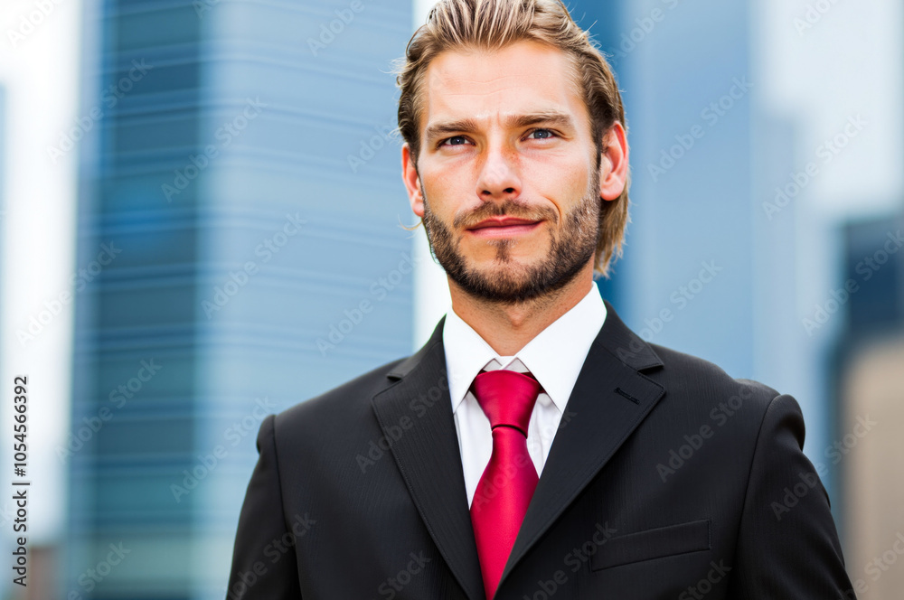 Businessman smiling outdoors with office buildings in background Businessman smiling outdoors with office buildings in background
