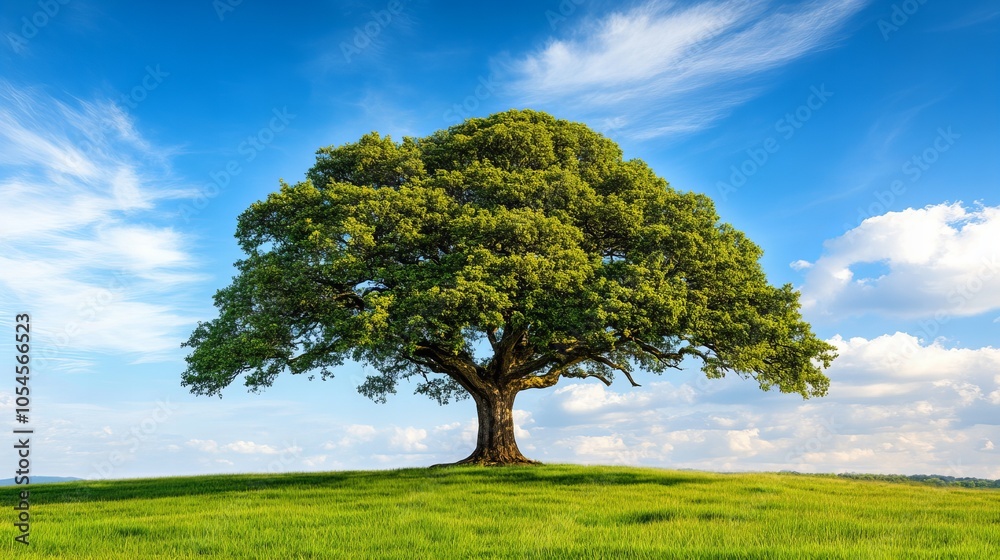 A lone tree stands tall in a field of green grass under a bright blue sky with white clouds. A lone tree stands tall in a field of green grass under a bright blue sky with white clouds.