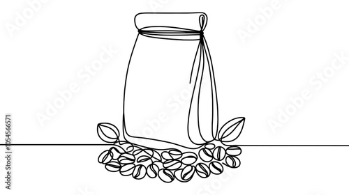 One continuous line illustration of a bag of coffee beans, isolated on white background.