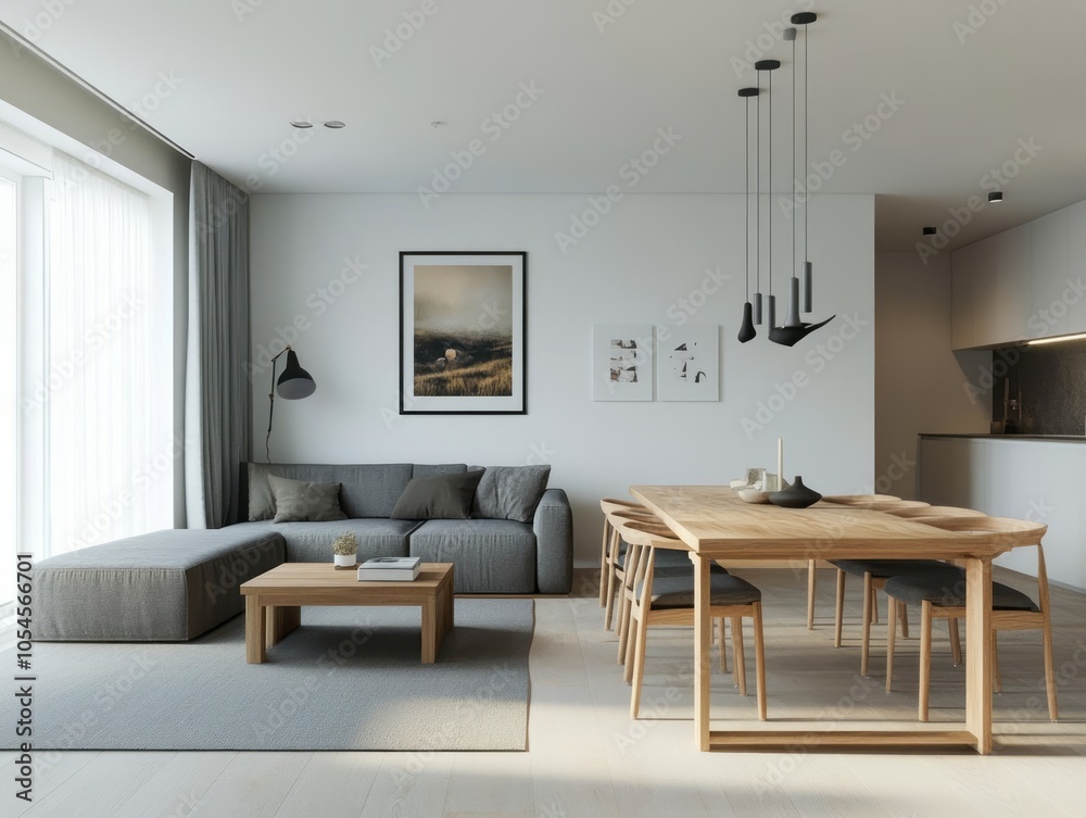 Fototapeta premium Minimalist dining and living room with a small gray sofa and a slim wooden dining table