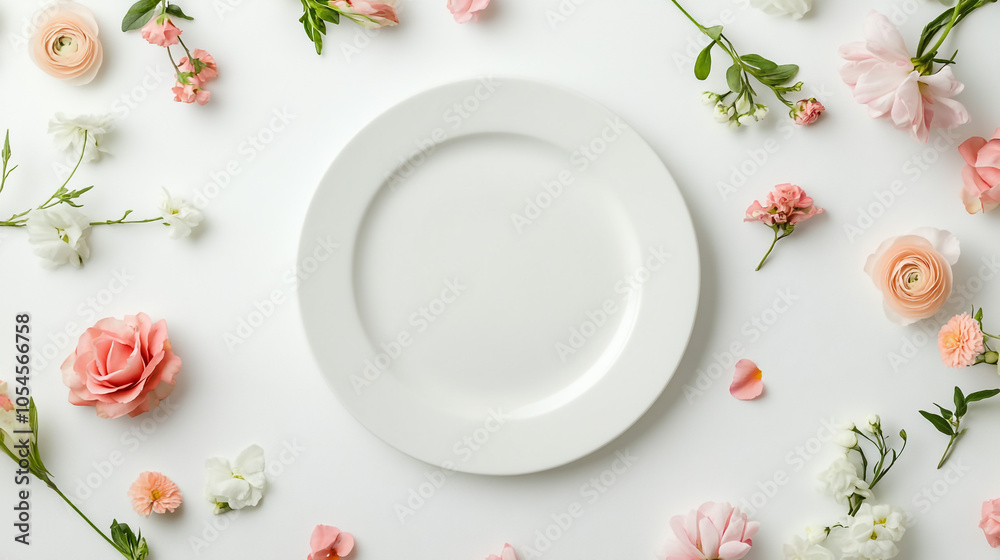 Empty plate concept flat lay with floral decoration. Elegant White Plate with Fresh Flowers on a Neutral Background