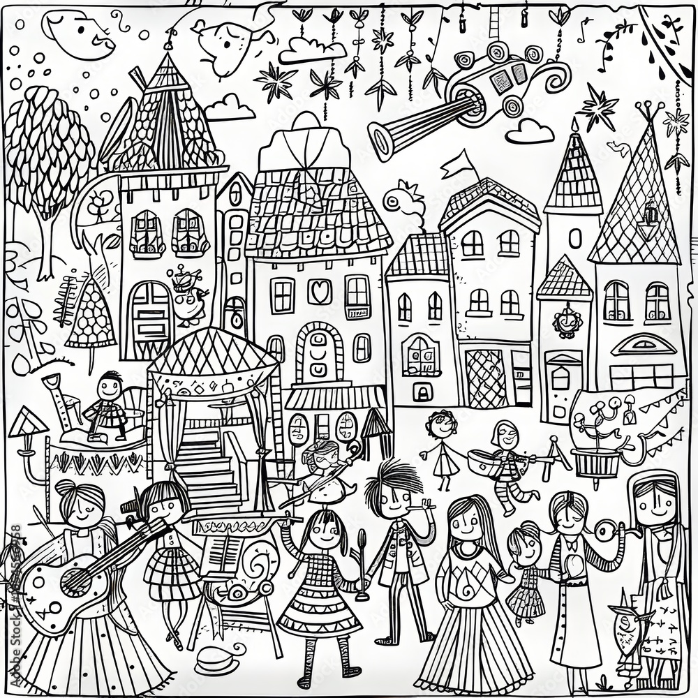 Fototapeta premium Black and white illustration of a whimsical town with people and animals. The illustration has a quirky and fun style.