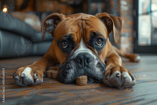 Boxer dog eating a treat at home