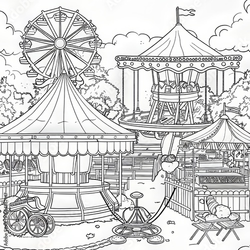 A black and white illustration of a carnival with a Ferris wheel, carousel, and other rides.