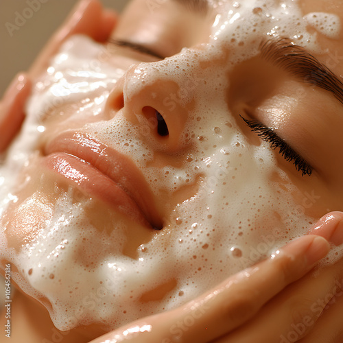 Pampering Woman Enjoying a Luxurious Skincare Routine with Cleansing Bubbles and Facial Mask for Glowing Skin