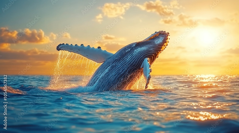 Fototapeta premium Humpback whale breaching at sunset.