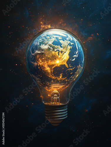 A stunning light bulb containing a glowing Earth floats in a starry space, perfect for Earth Hour posters, environmental campaigns, or educational materials on climate awareness.