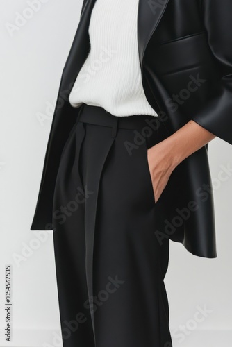 A chic look at a woman wearing a sleek black blazer with tailored pants, conveying a modern and confident style in a neutral setting. trending content for instagram faceless digital marketing