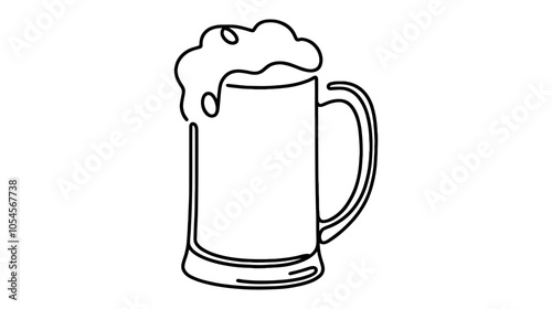 One continuous line illustration of a beer mug with overflowing foam, isolated on white background.
