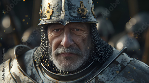 An old medieval knight in helmet, Generative AI photo