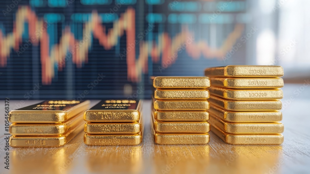 Business Gold Investment Stacked gold bars with fluctuating stock chart, financial strategy concept, 3D illustration Business Gold Investment Stacked gold bars with fluctuating stock chart, financial strategy concept, 3D illustration