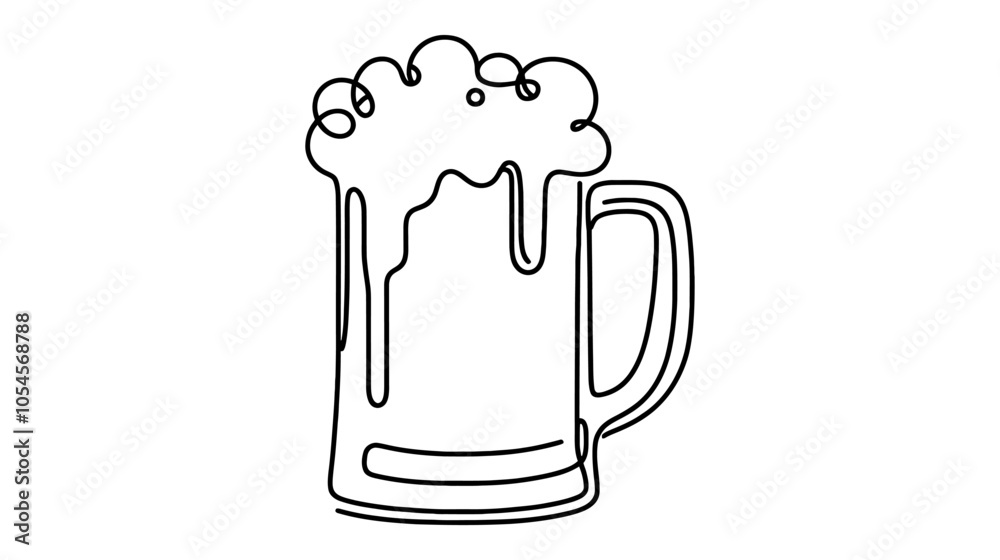 One continuous line illustration of a beer mug with overflowing foam, isolated on white background. One continuous line illustration of a beer mug with overflowing foam, isolated on white background.