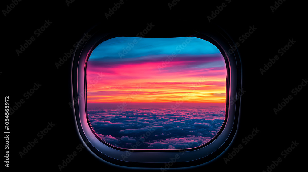Naklejka premium Vibrant sunset view from airplane window, colorful sky over clouds.