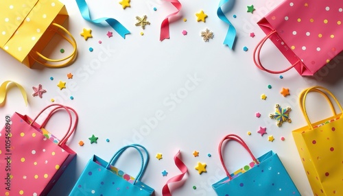 Copy space with charms, polka dot streamers, gift bags