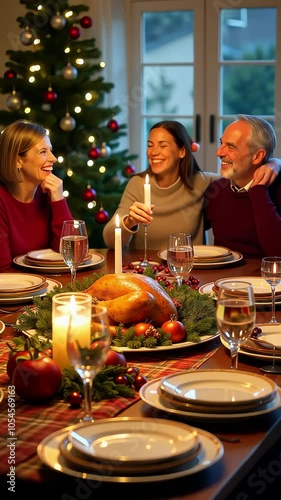 A warm family gathering, enjoying a festive christmas dinner together. the mood is joyful, with laughter and conversation around a beautifully decorated table adorned with candles and seasonal decor.