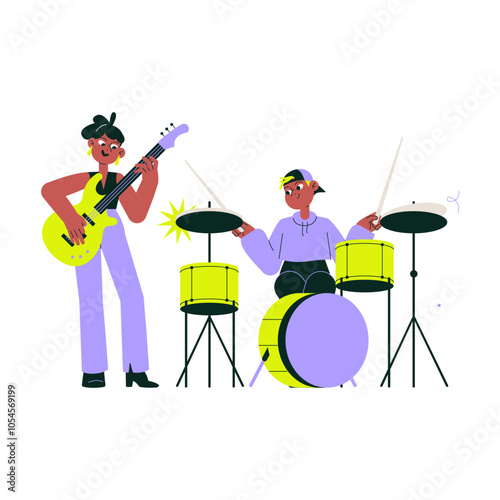 Musicians playing electric guitar and drums, performing together in a band, flat vector illustration symbolizing live music, teamwork, and creativity, isolated on white background