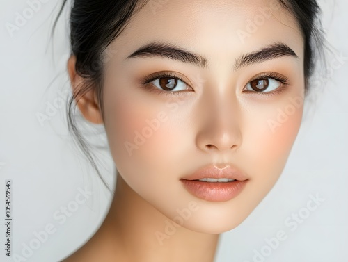 A Beautiful Asian Woman Close up on her face on white background