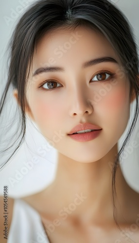 A Beautiful Asian Woman Close up on her face on white background