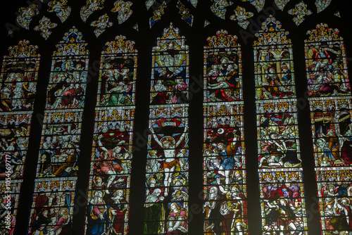 stained glass window in Chester cathedral in England photo