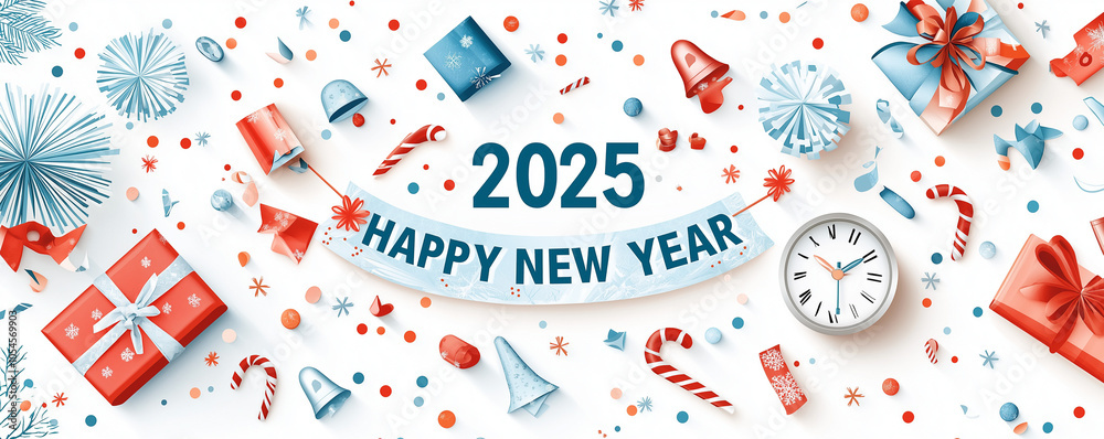 Obraz premium Festive 2025 New Year banner with decorations, gifts, clock, and confetti in vibrant red and blue colors, celebrating new beginnings.