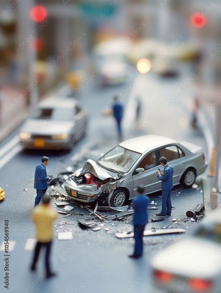 Miniature Scene of a Car Accident with Figurines on a Model City Street. Miniature Scene of a Car Accident with Figurines on a Model City Street.